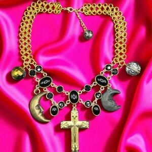 One-of-a-Kind Cross & Moon Necklace Black Gold Tone Upcycled Vintage Parts